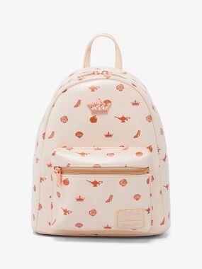 LOUNGEFLY Mini Backpack: Princess Icon Iridescent Pink Rose Gold Crown Print